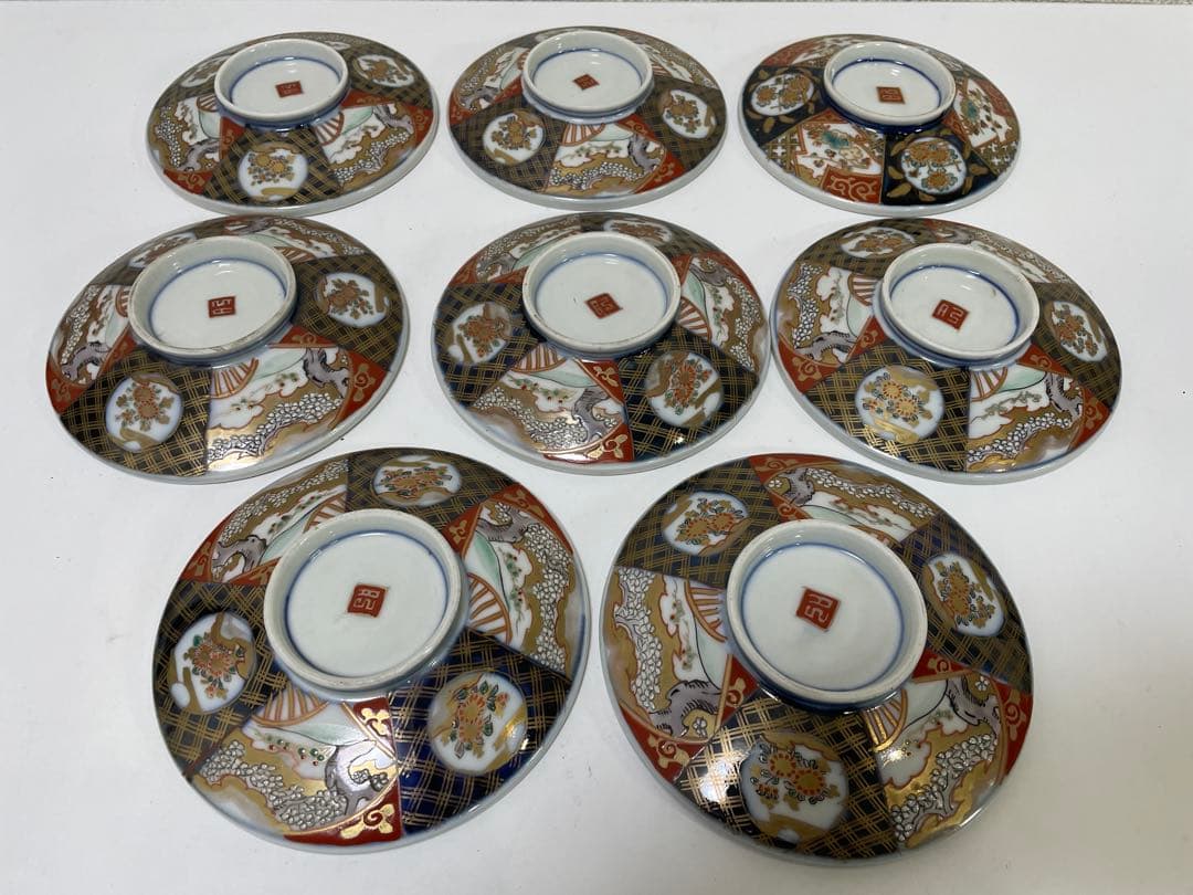 【現状品】古伊万里 陶器 蓋付茶碗 煮付椀 赤絵 金彩 菊柄 割烹 懐石 8個