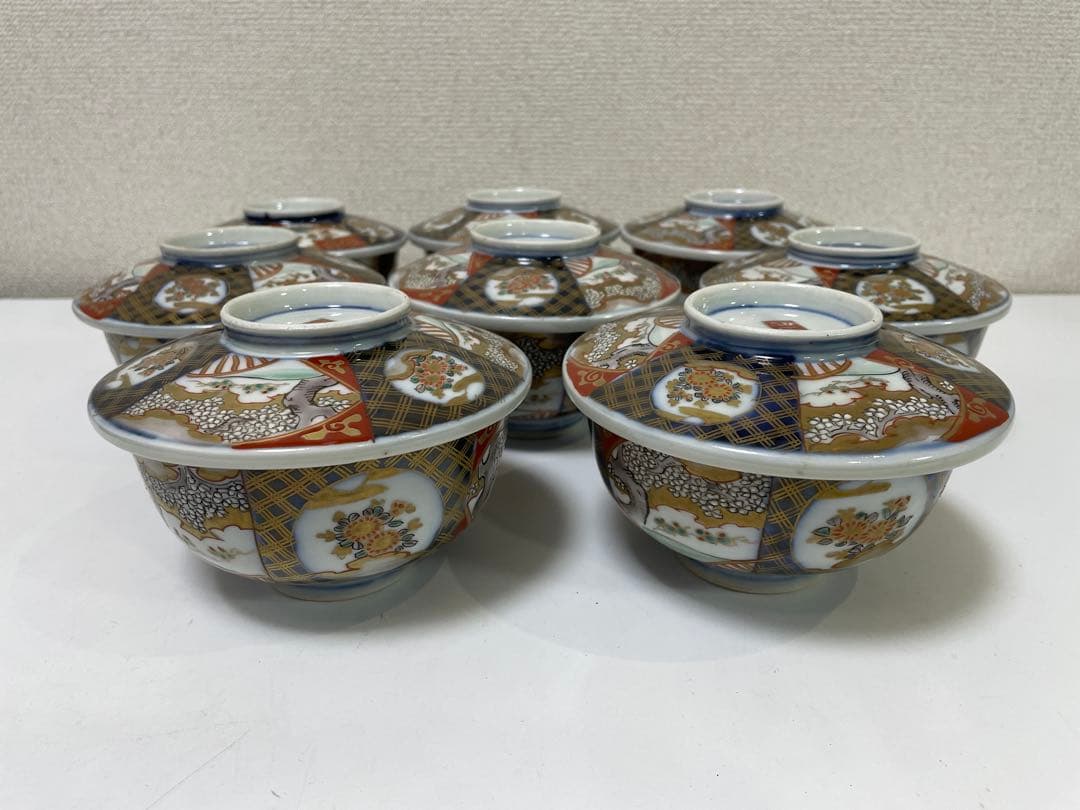 【現状品】古伊万里 陶器 蓋付茶碗 煮付椀 赤絵 金彩 菊柄 割烹 懐石 8個