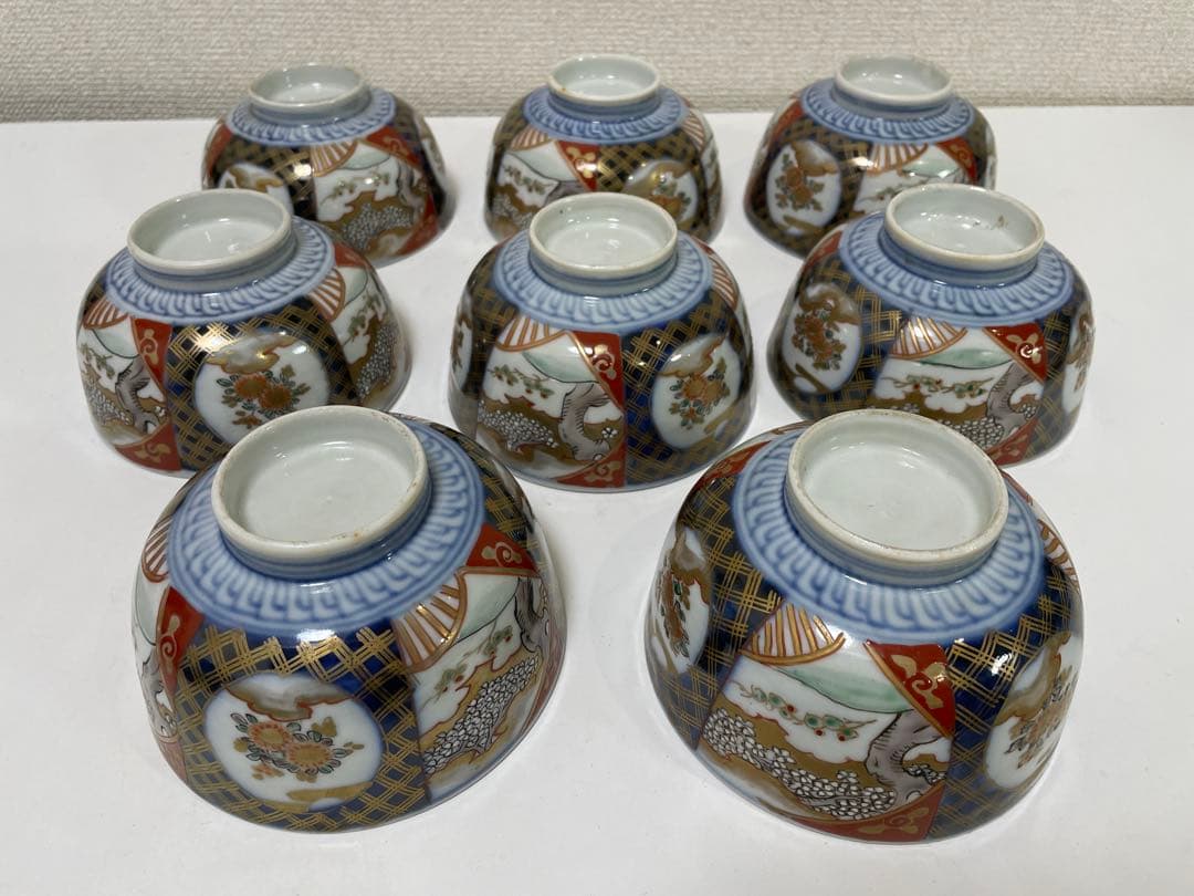 【現状品】古伊万里 陶器 蓋付茶碗 煮付椀 赤絵 金彩 菊柄 割烹 懐石 8個