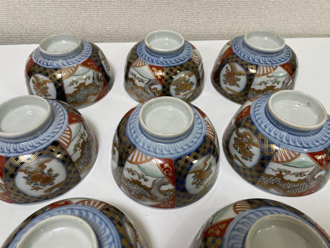【現状品】古伊万里 陶器 蓋付茶碗 煮付椀 赤絵 金彩 菊柄 割烹 懐石 8個