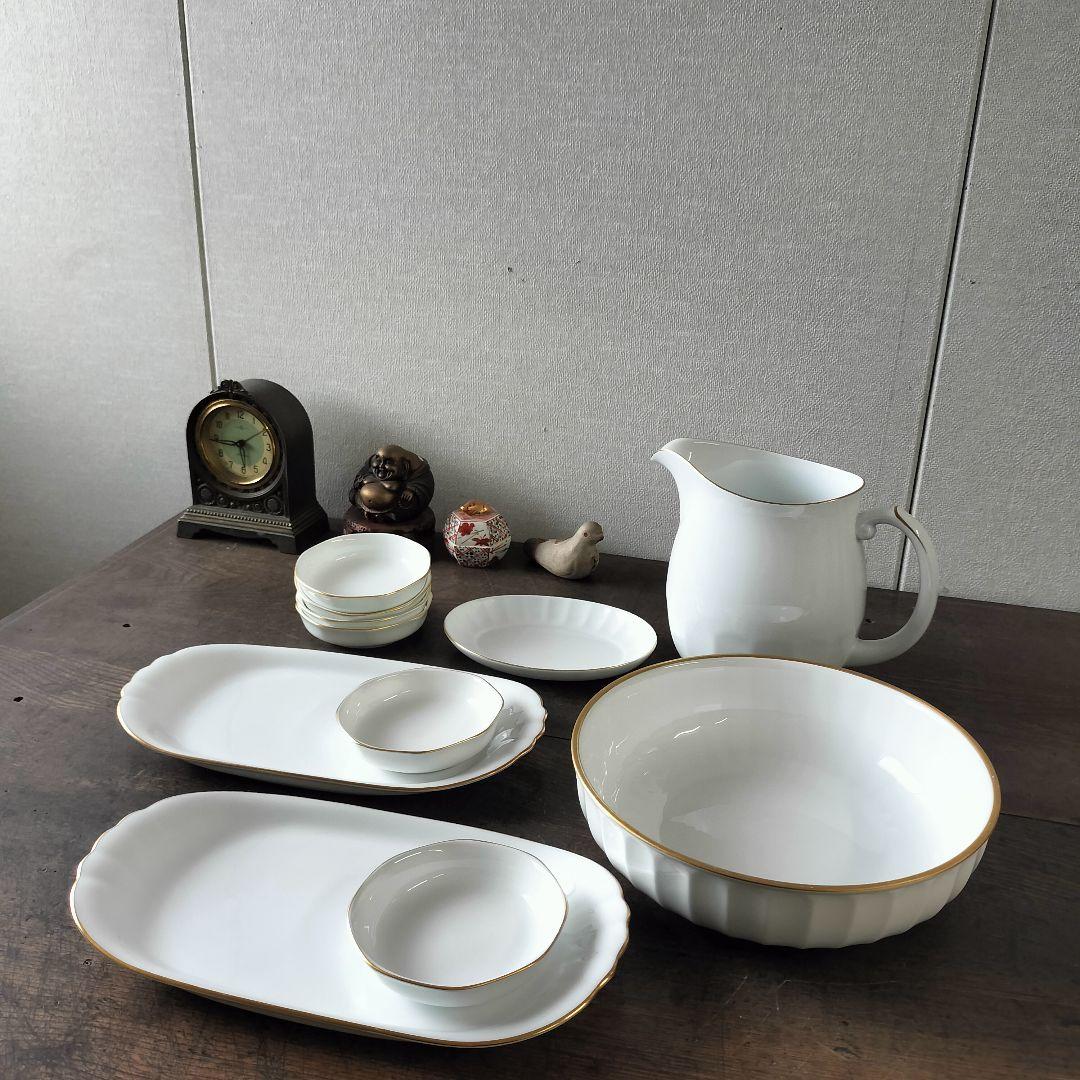 三菱石油　非売品記念品　大倉陶園　ピッチャー　小皿　ボウル鉢　オーバル長皿　金彩