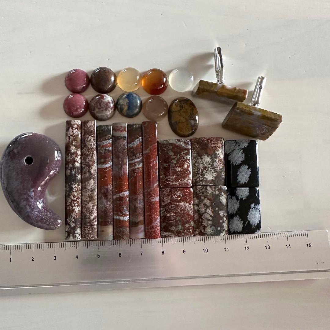 【一点物】津軽錦石　勾玉　カフス　ルース　津軽塗り　ジャスパー　花紋石　砂金石