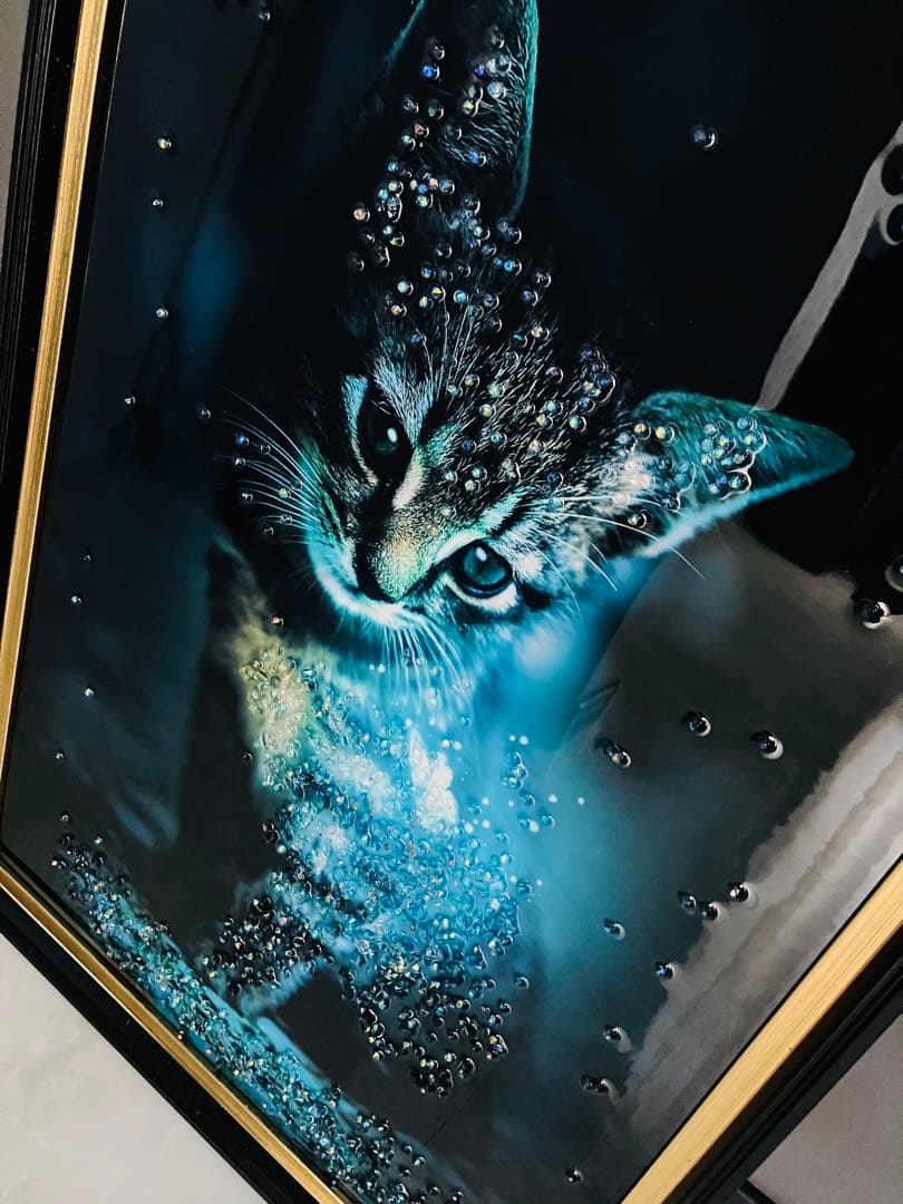 クリスタルアートパネル 水晶絵 水晶パネル 絵画 猫 キャット モノトーン 青黒