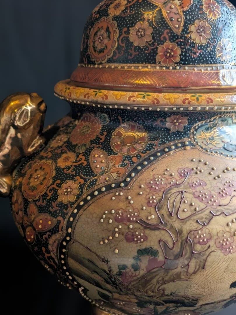 【豪華絢爛】薩摩焼　飾り壺　大香炉　獅子　女武者　花鳥図　青粒　骨董　古美術