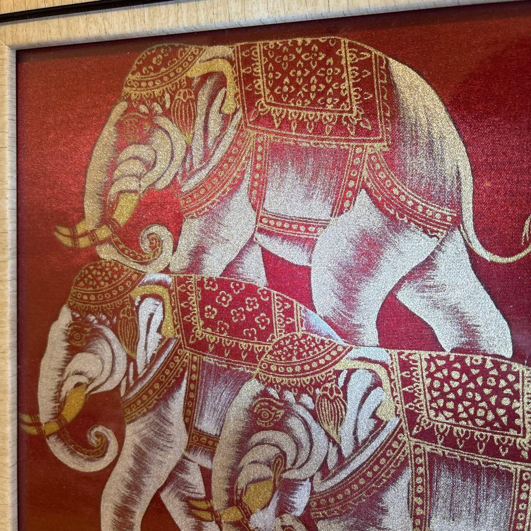 タイ 美術品 シルク地絵 神の使いの白象 額装
