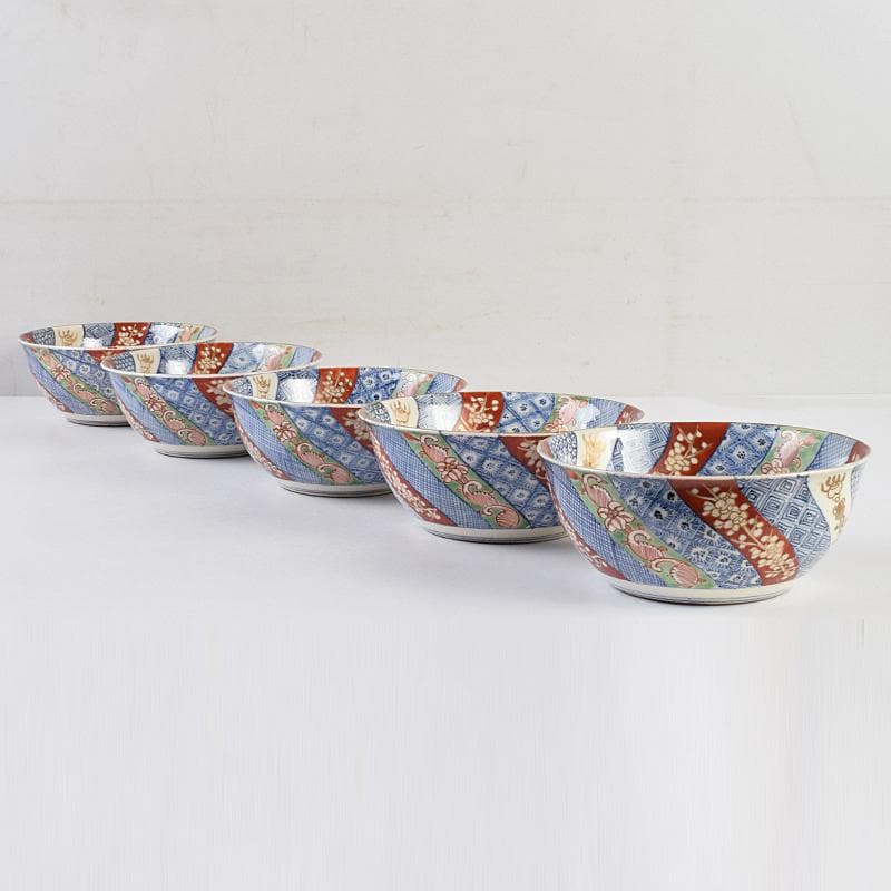 伊万里焼　五良太甫呉祥瑞造　色絵棯文　菓子鉢　五客　合わせ箱　M　R9495