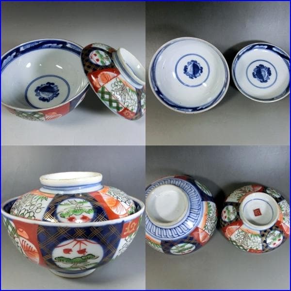 蓋茶碗■赤絵色絵 古伊万里 窓松竹梅 18客 蓋物 蓋碗 窓唐草図 時代物 骨董