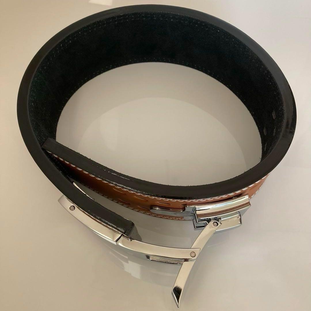 パワーベルト レバーアクション ワンタッチ可変式 Sサイズ 茶×艶シルバー 本革