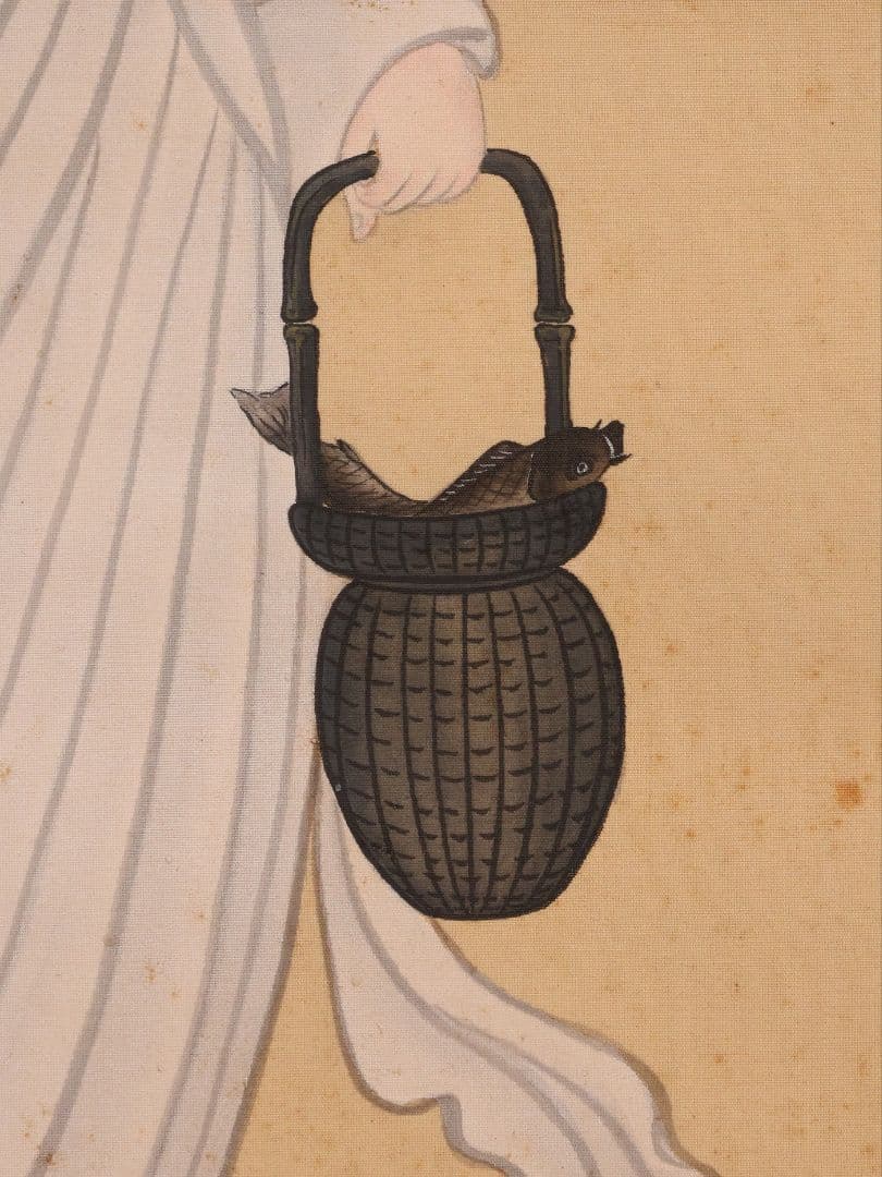 【模写】日本画 魚籃観音像 在銘 松堂 絹本 掛軸 木箱入り 仏画 MB233