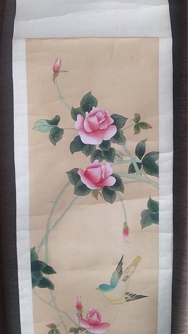 中国絵画 絹本彩色 花鳥図 掛け軸 アンティーク 中国美術 唐物