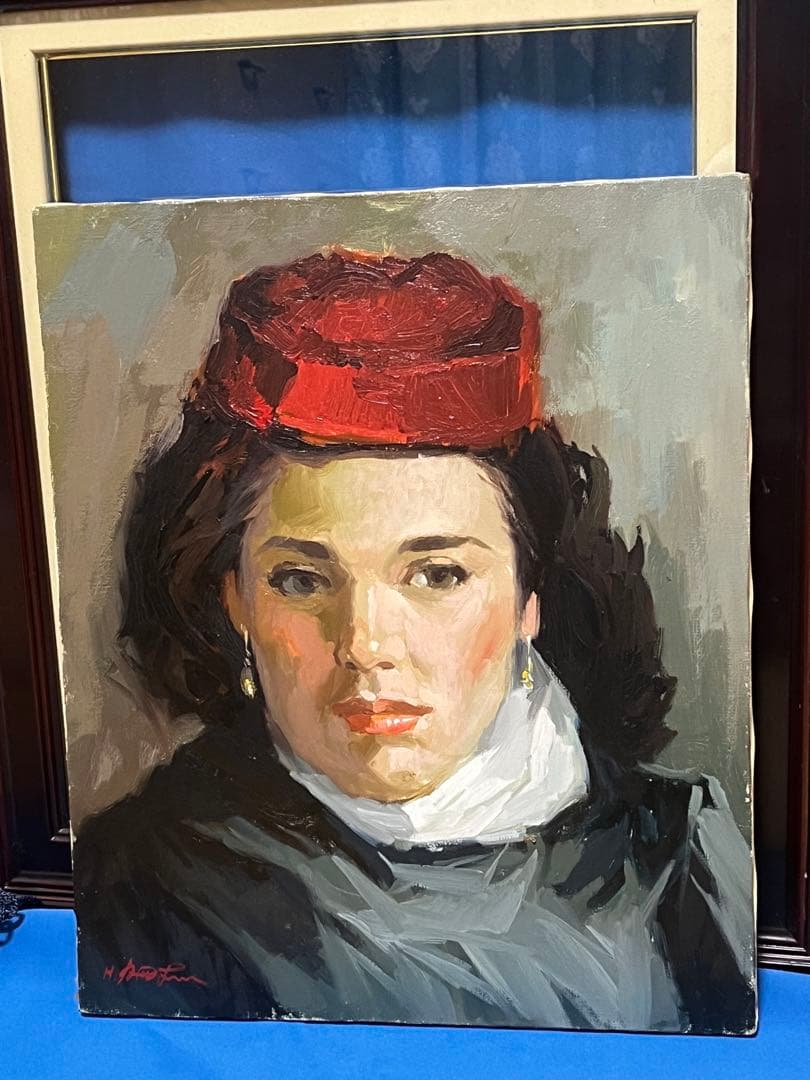 【韓奉浩】油彩 赤い帽子の女　真作 額55×63 絵画36.5×44cm程度