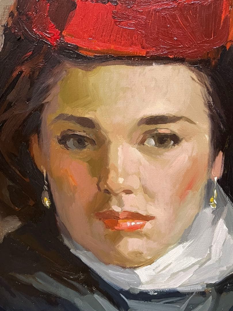 【韓奉浩】油彩 赤い帽子の女　真作 額55×63 絵画36.5×44cm程度