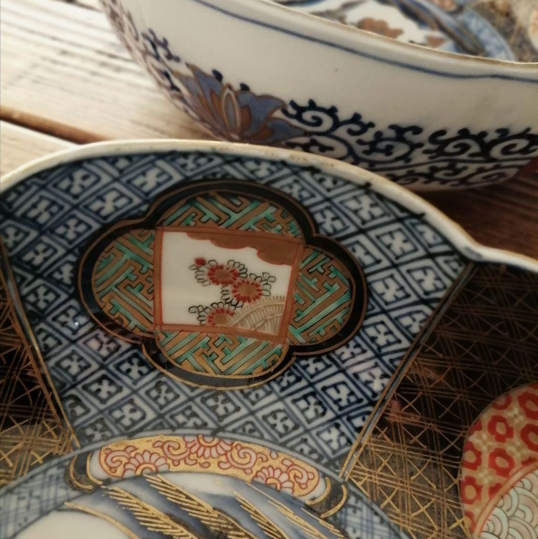 明治伊万里　色絵　染錦　輪花縁　大鉢　大小２客セット