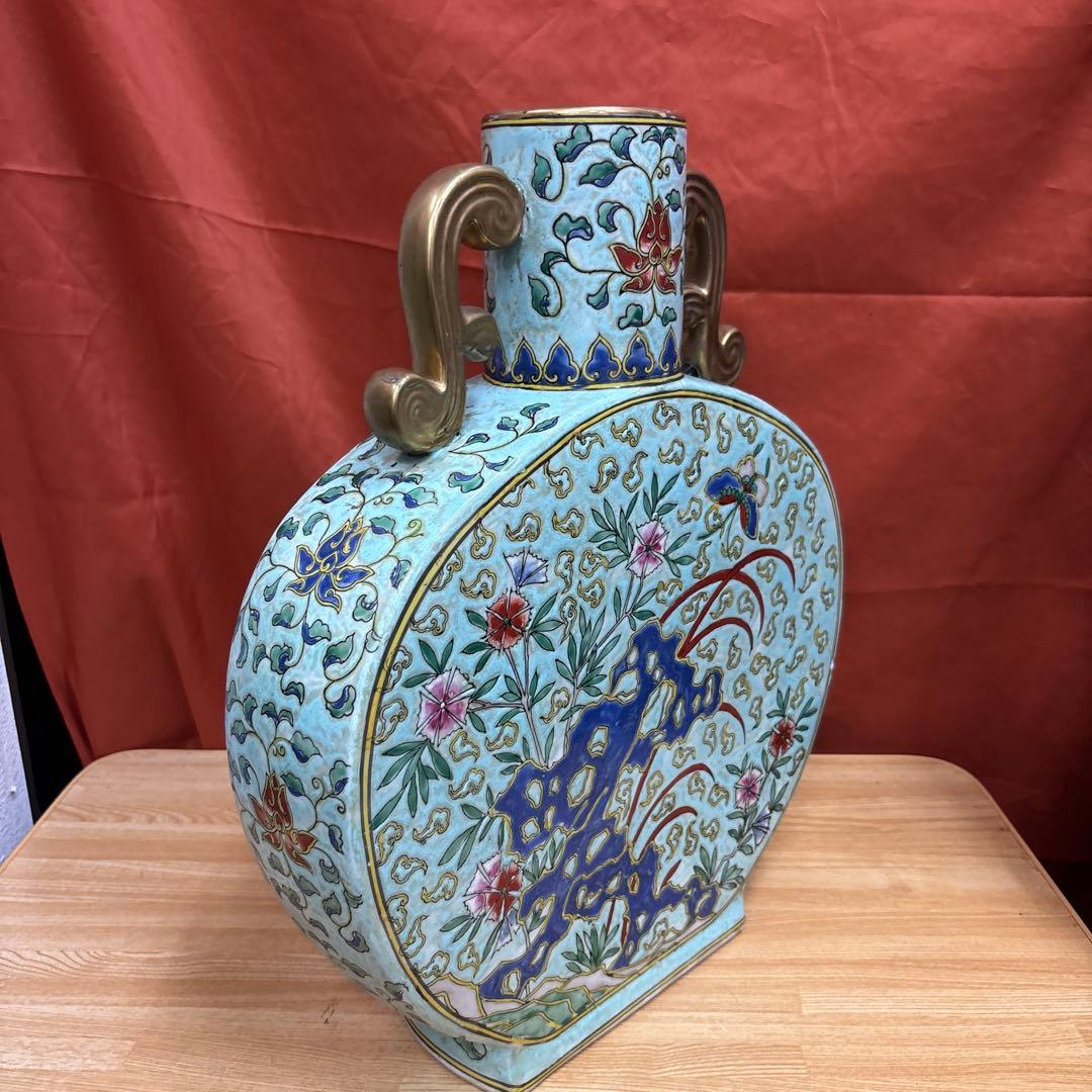 中国美術 大清同治年製 粉彩 双耳 花蝶図 扁壺 花瓶
