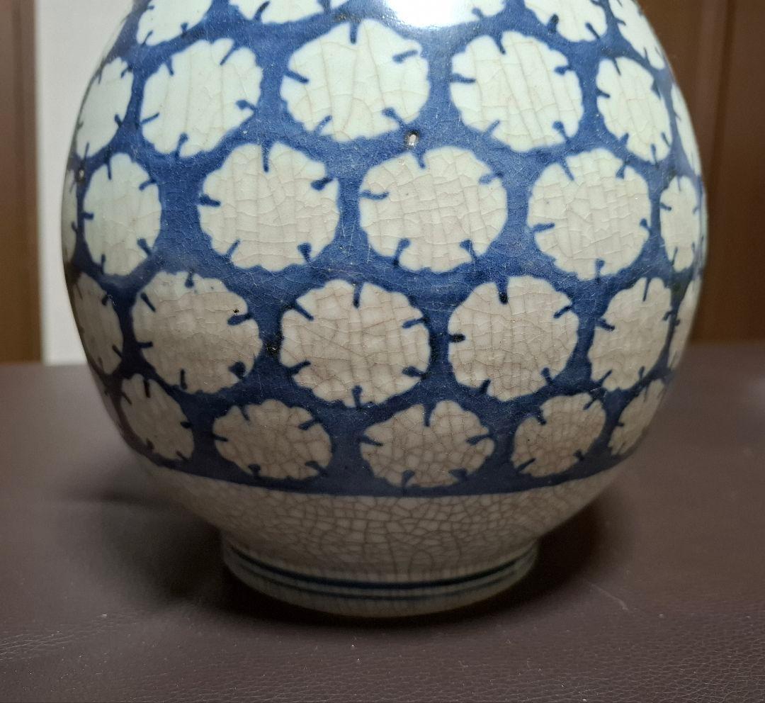 時代物 仙台藩御用窯　切込焼 染付花冠文大徳利　口部、首部補修あり