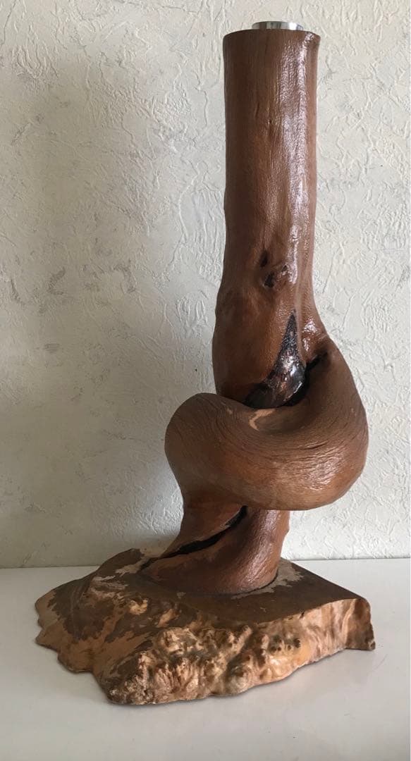 骨董品　天然木台付きくりぬき花瓶　木製抽象花器 高さ約30cm