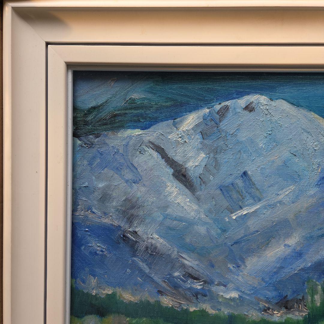 【美品】油彩画 額縁付属　「春待ち白馬鑓ヶ岳」 油彩F8 号サイズ
