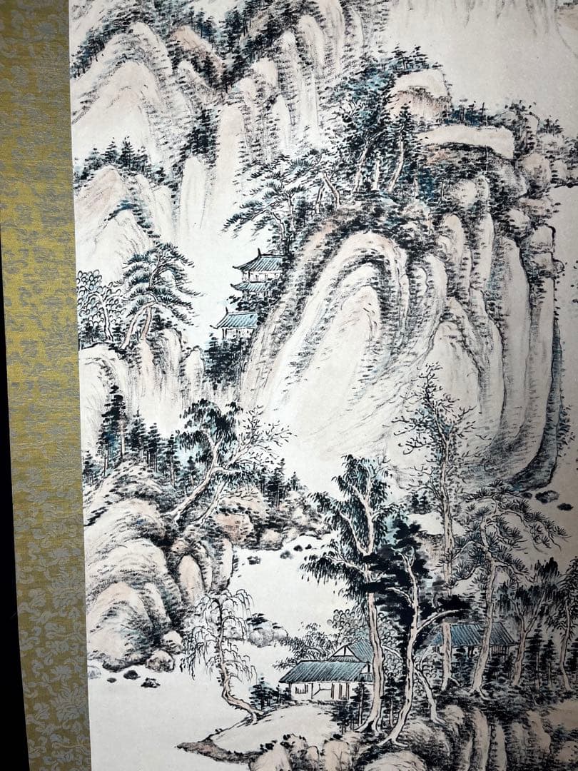掛け軸 水墨画 中国画　山水図　【張志芳】画 【厳承志】書道付き　紙本　肉筆