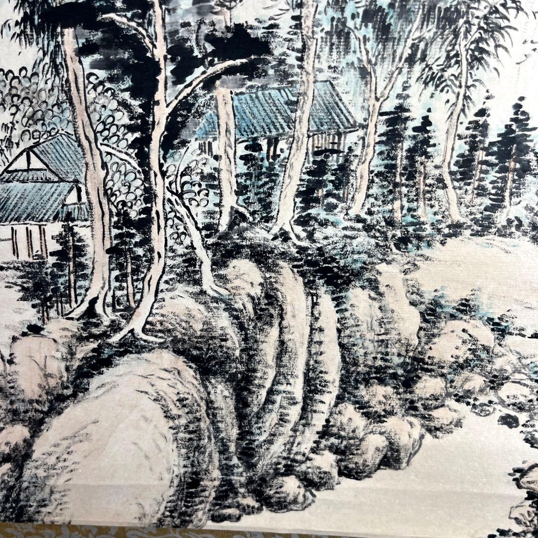 掛け軸 水墨画 中国画　山水図　【張志芳】画 【厳承志】書道付き　紙本　肉筆