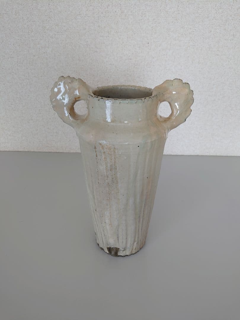 吉田明(物故)作 銘「貴焔」粉引耳付花生 / 共箱