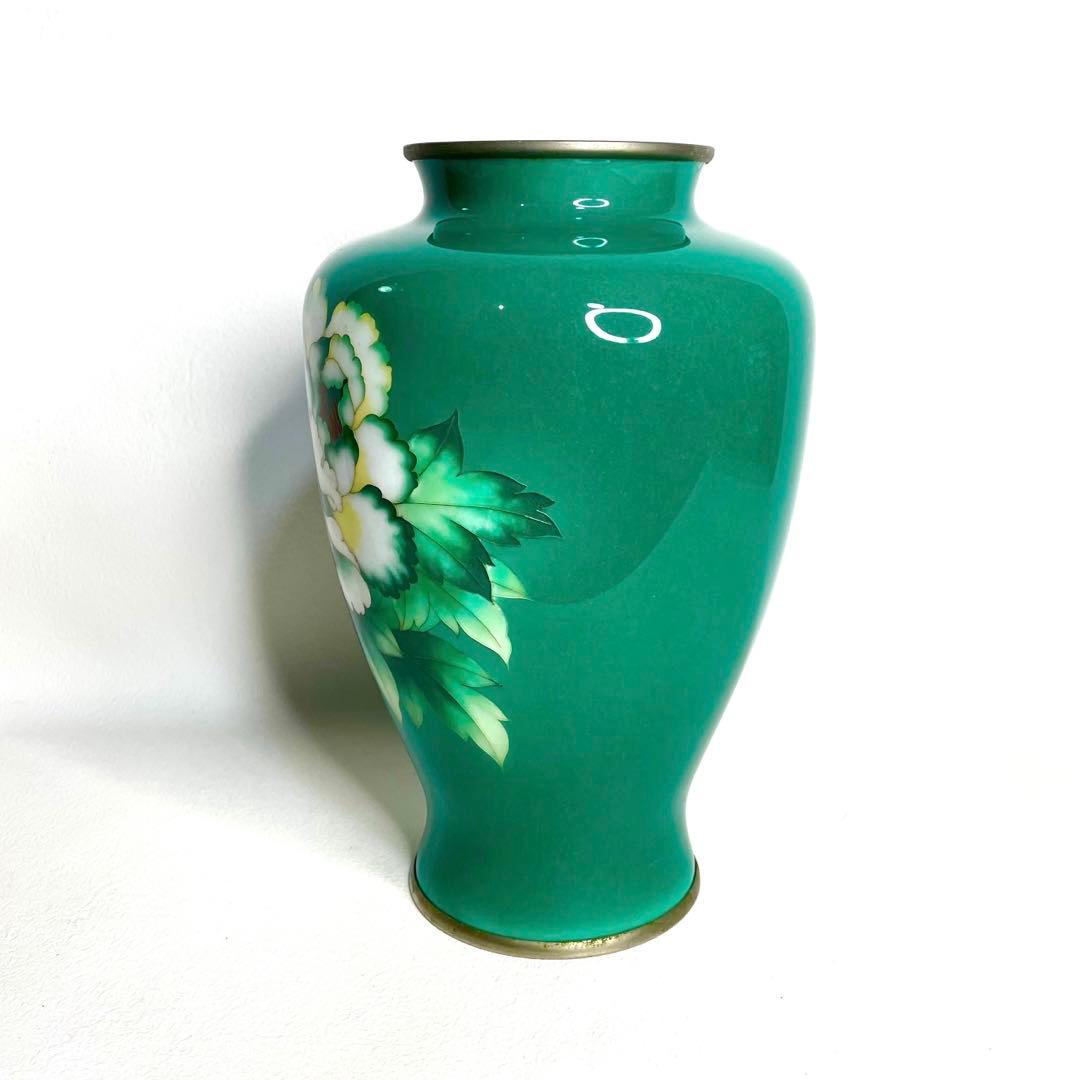 『美術七宝焼』　花瓶　緑牡丹　壺　陶磁器　花柄