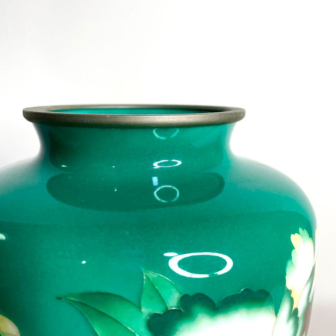 『美術七宝焼』　花瓶　緑牡丹　壺　陶磁器　花柄