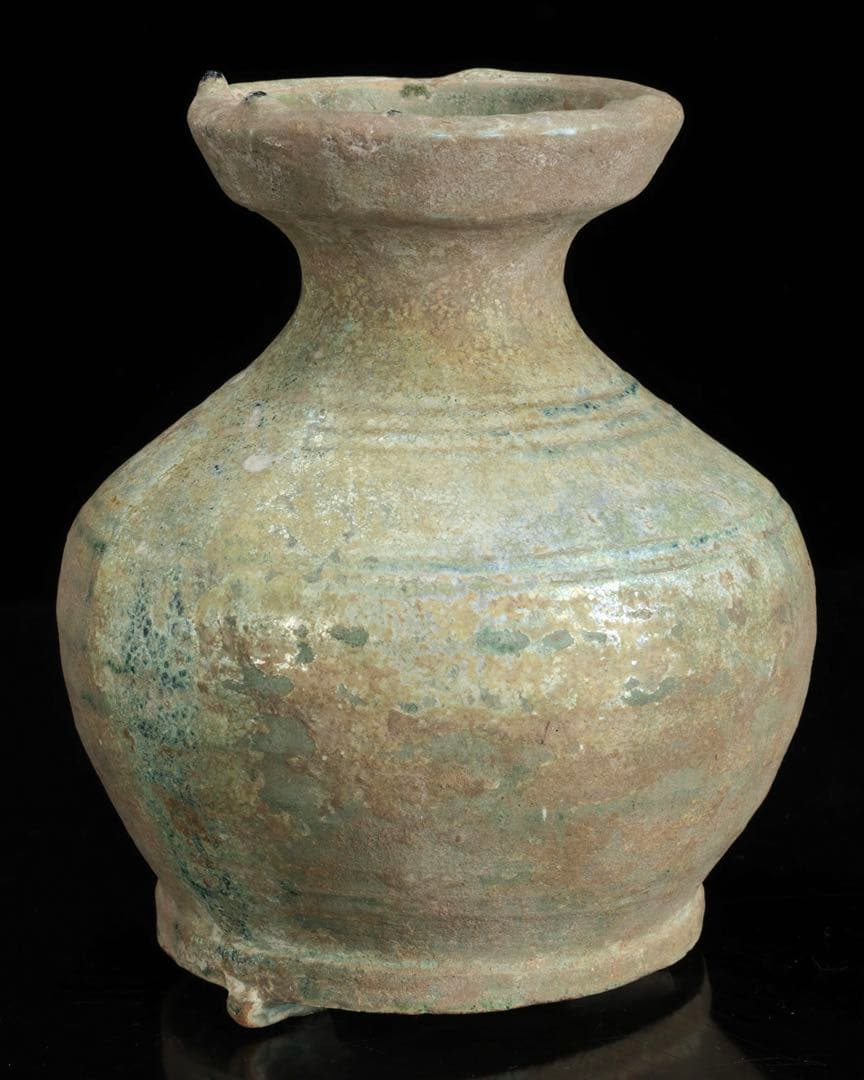 中国古玩 漢緑釉銀化三足壺 時代箱付 漢時代 花入 花瓶 飾壺 古美術 骨董品