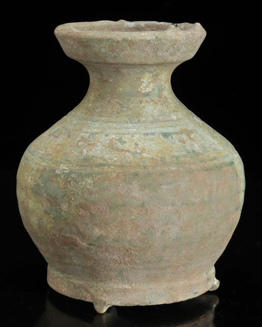 中国古玩 漢緑釉銀化三足壺 時代箱付 漢時代 花入 花瓶 飾壺 古美術 骨董品