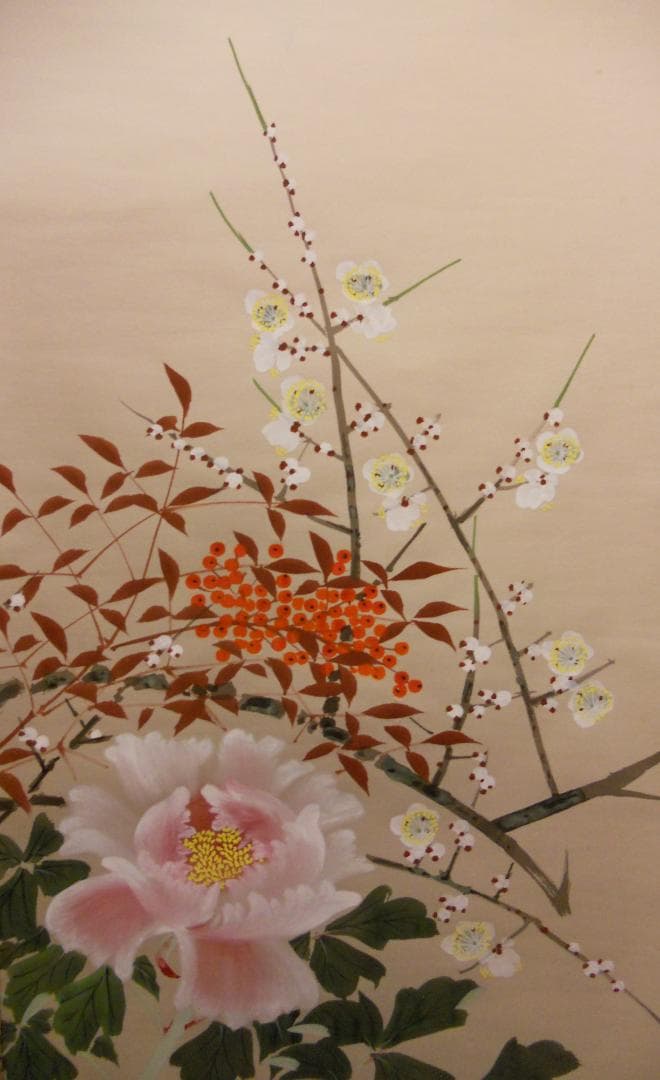 掛け軸 暁春 四季の花 絹本 希少 軸装 茶道具 掛軸 美品 です。