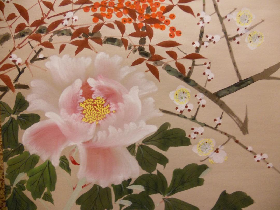 掛け軸 暁春 四季の花 絹本 希少 軸装 茶道具 掛軸 美品 です。