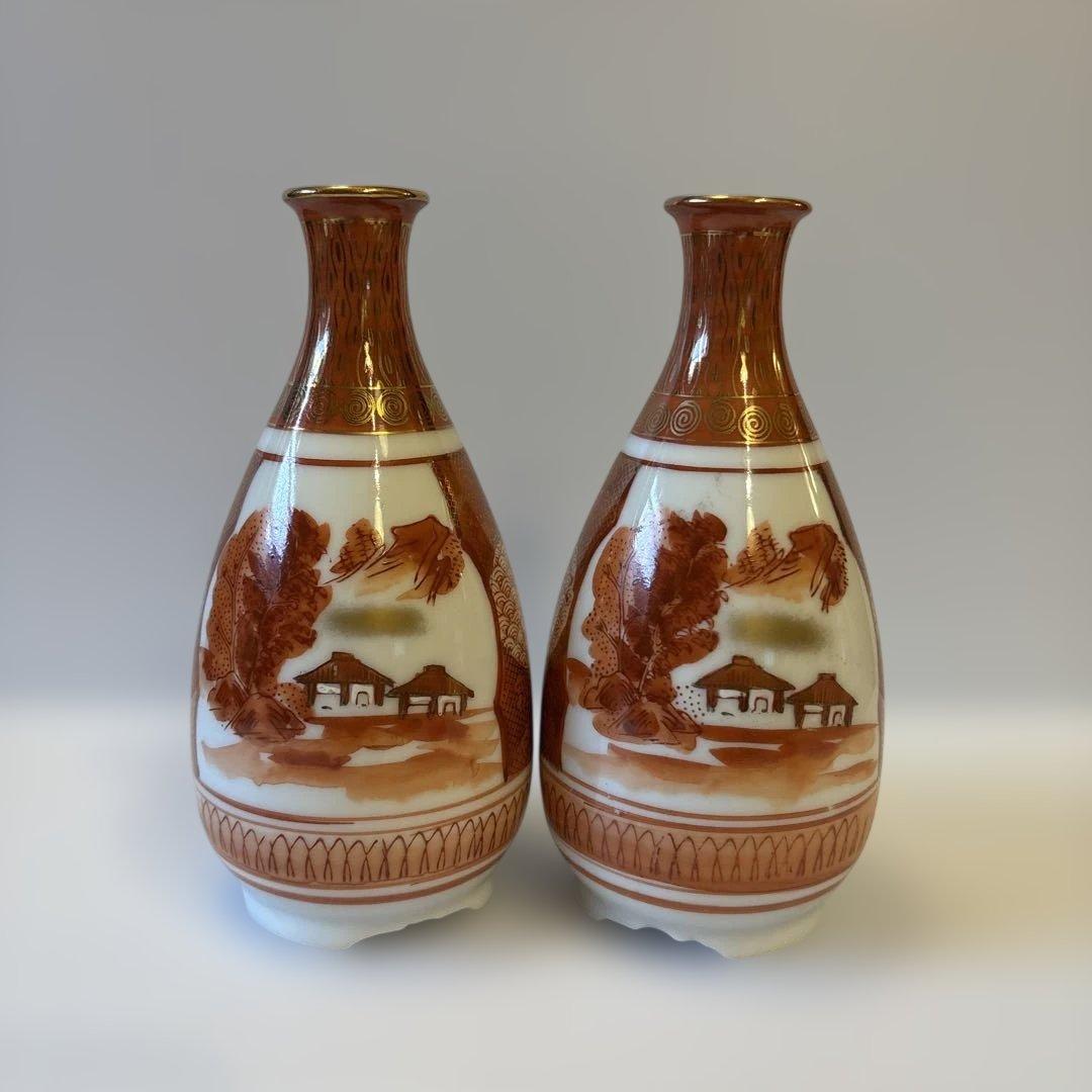 明治九谷 九谷焼 庄三様式 赤絵金彩 人物山水図 徳利 一対【2本】高さ14cm
