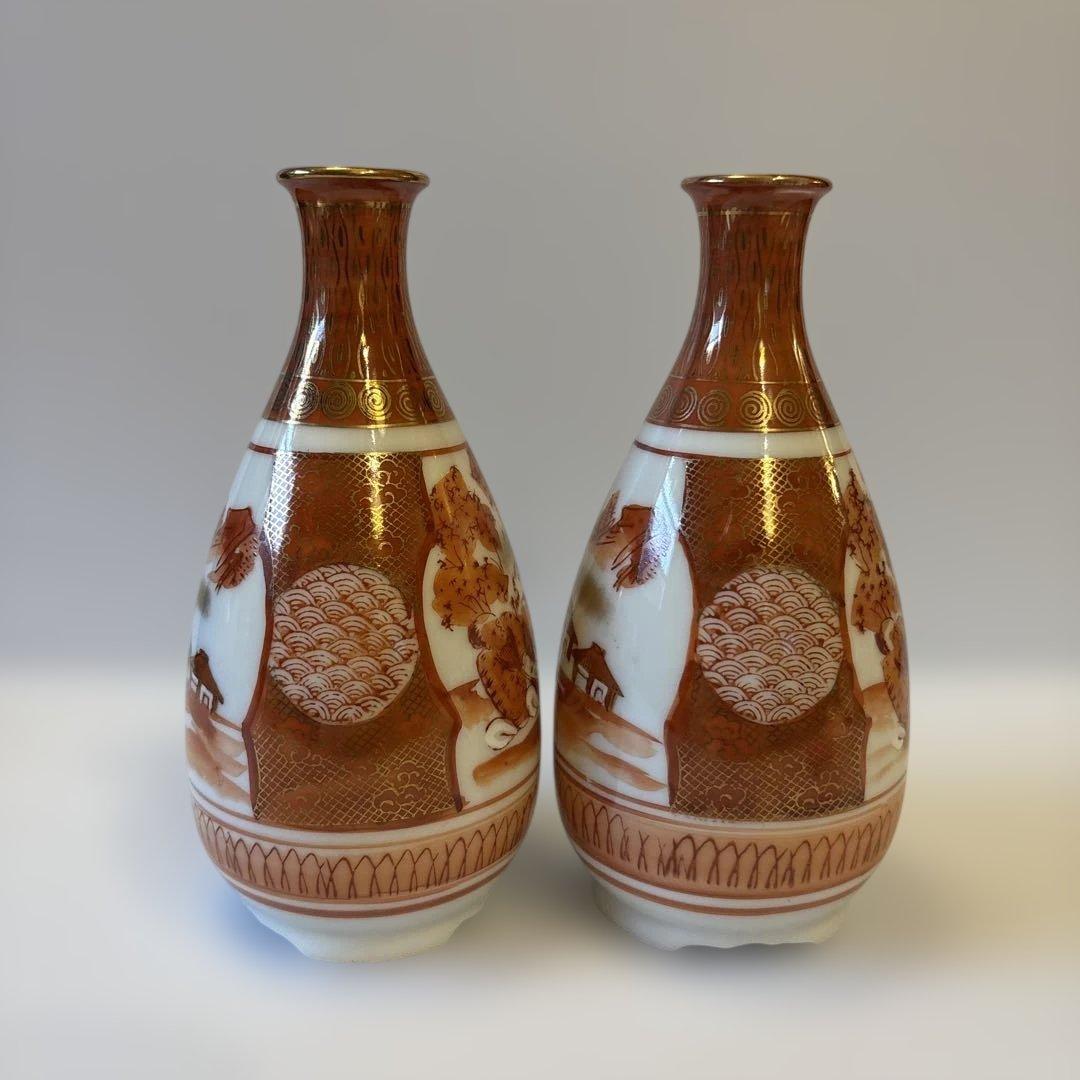 明治九谷 九谷焼 庄三様式 赤絵金彩 人物山水図 徳利 一対【2本】高さ14cm