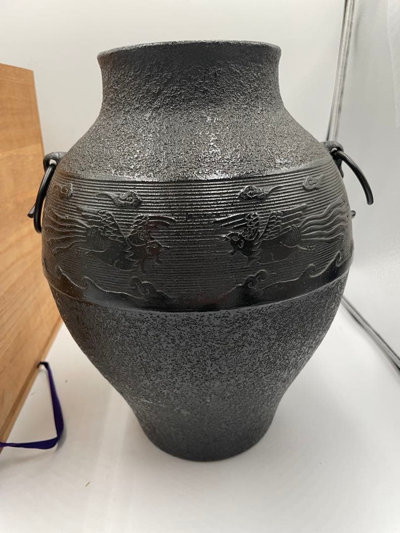 山形鋳物 佐藤徳秀作 鳳凰文 鋳鉄製花瓶 共箱付