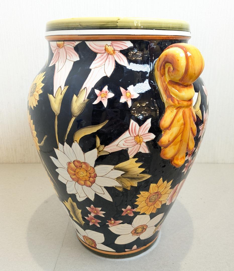 【イタリア製】 ハンドペイント フラワーベース 壷 花瓶 陶器製 双耳花瓶 花柄