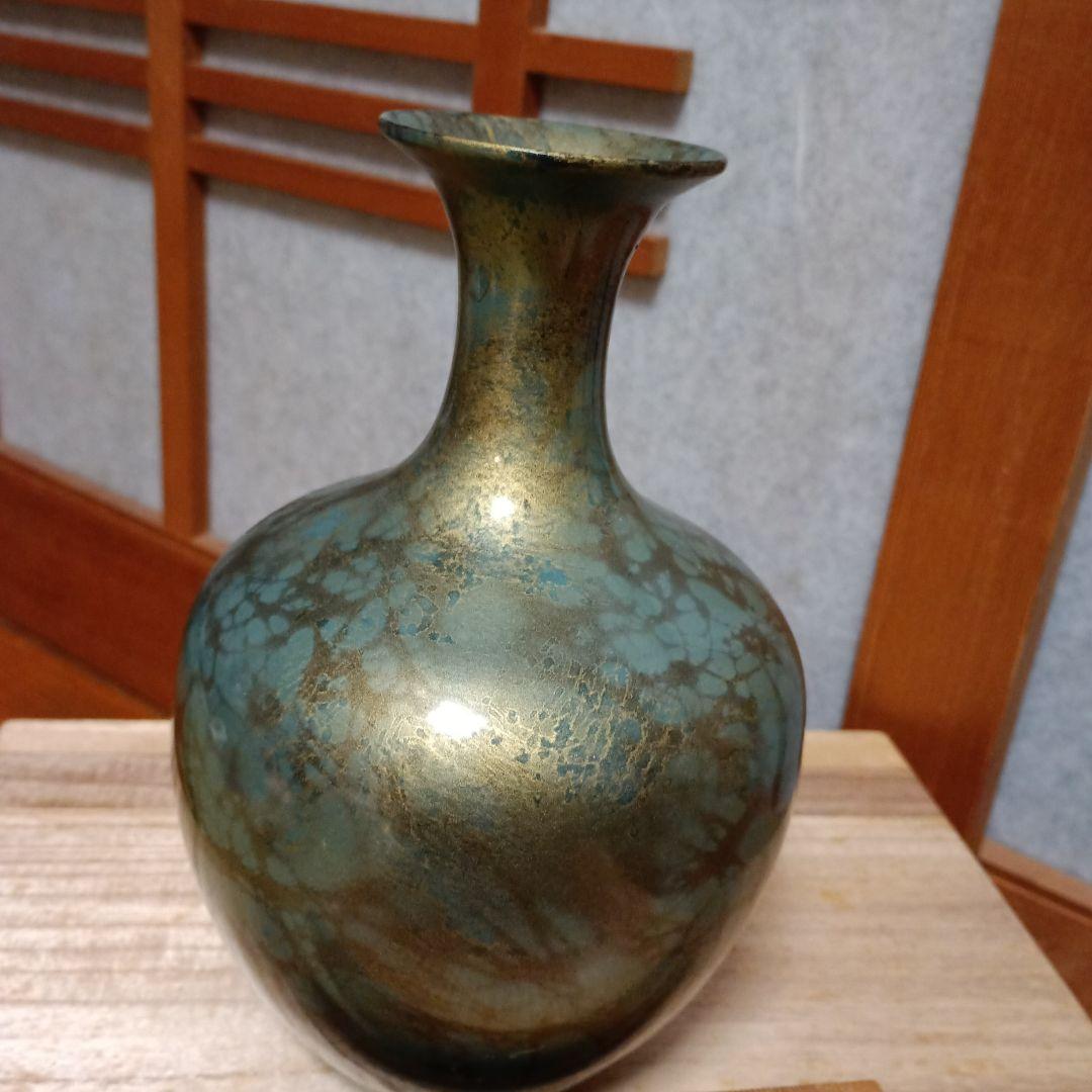 青緑金属花瓶 木箱付き