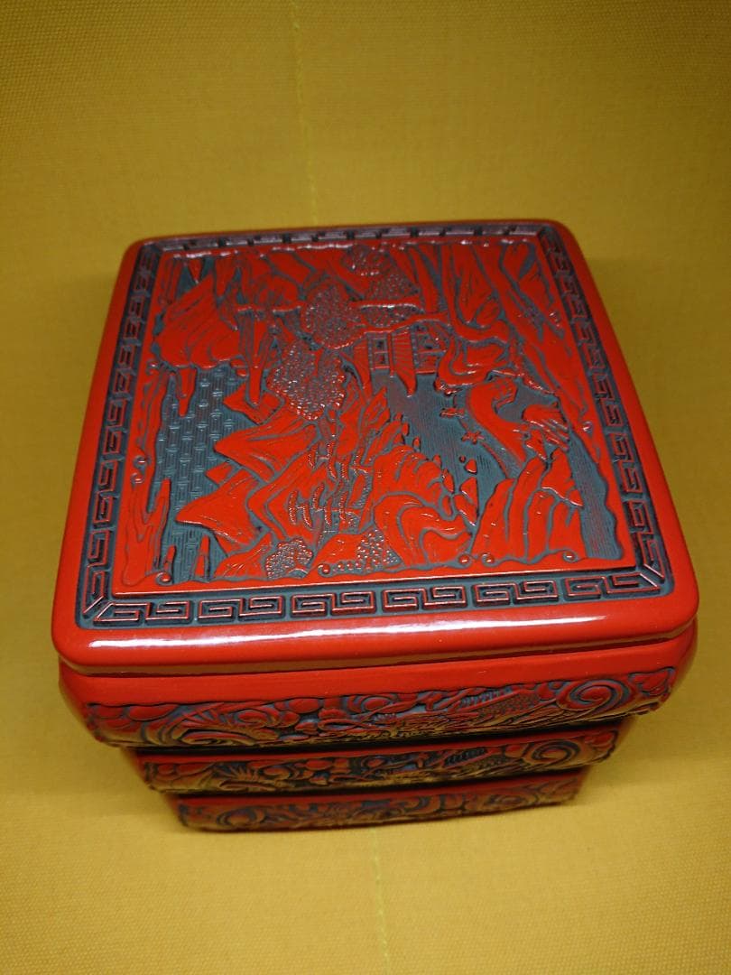 【美品】堆朱　龍　山水彫　漆器　置物　インテリア　工芸品　美術品　A1080