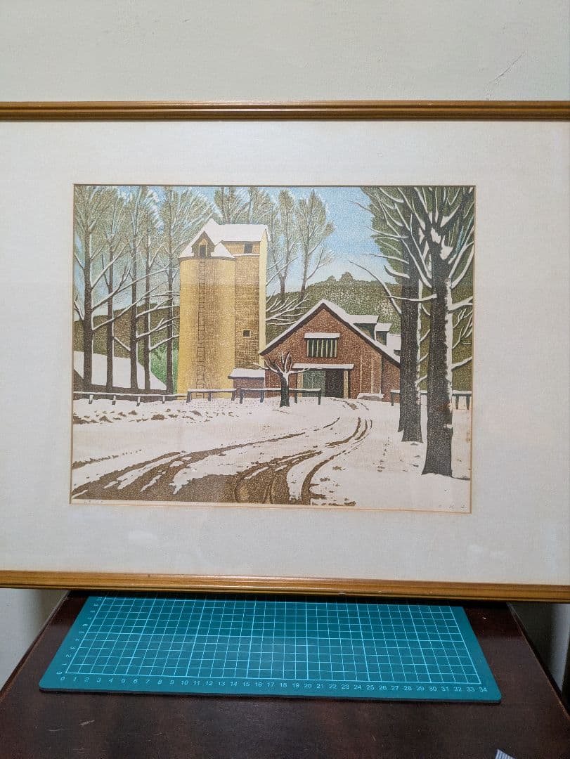 岡鹿之助 「雪の山荘」 木版画 加藤版画研究所 エディション・サイン有