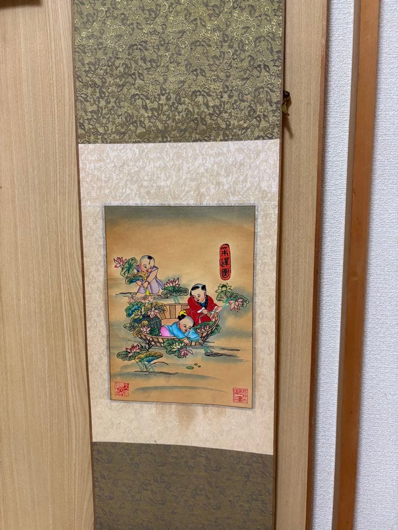 子供たちと雪だるまの水墨画掛け軸4セント