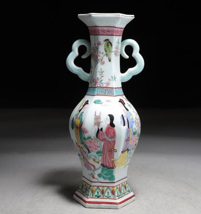 【お値下げ】中国美術 景德鎮 花瓶 花器 花入 大清乾隆年製 六角 双耳 骨董品