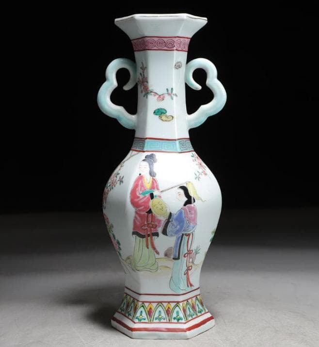 【お値下げ】中国美術 景德鎮 花瓶 花器 花入 大清乾隆年製 六角 双耳 骨董品