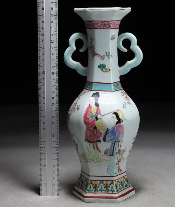 【お値下げ】中国美術 景德鎮 花瓶 花器 花入 大清乾隆年製 六角 双耳 骨董品