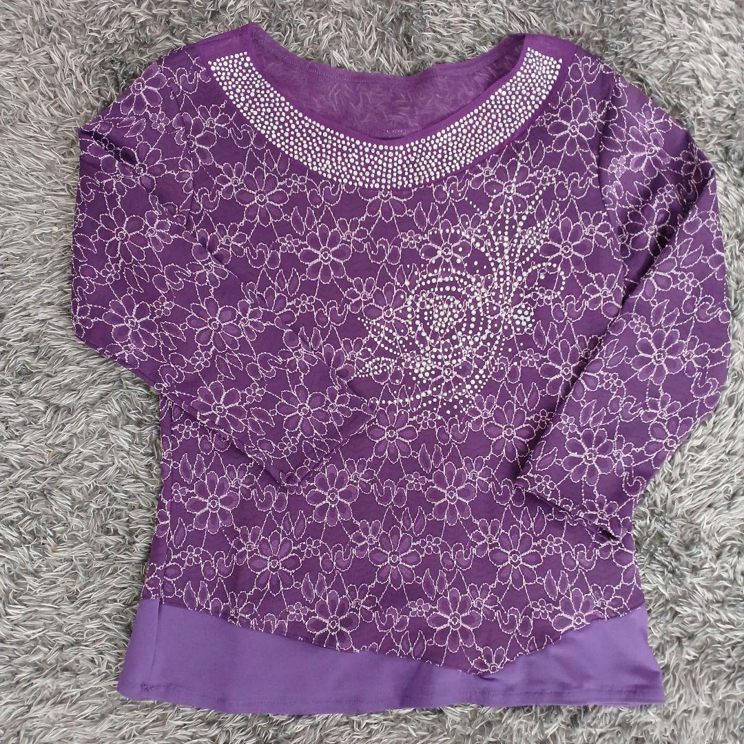【試着のみ】ストーン付 花柄刺繍 社交ダンス　モダンダンス M　パープル　紫