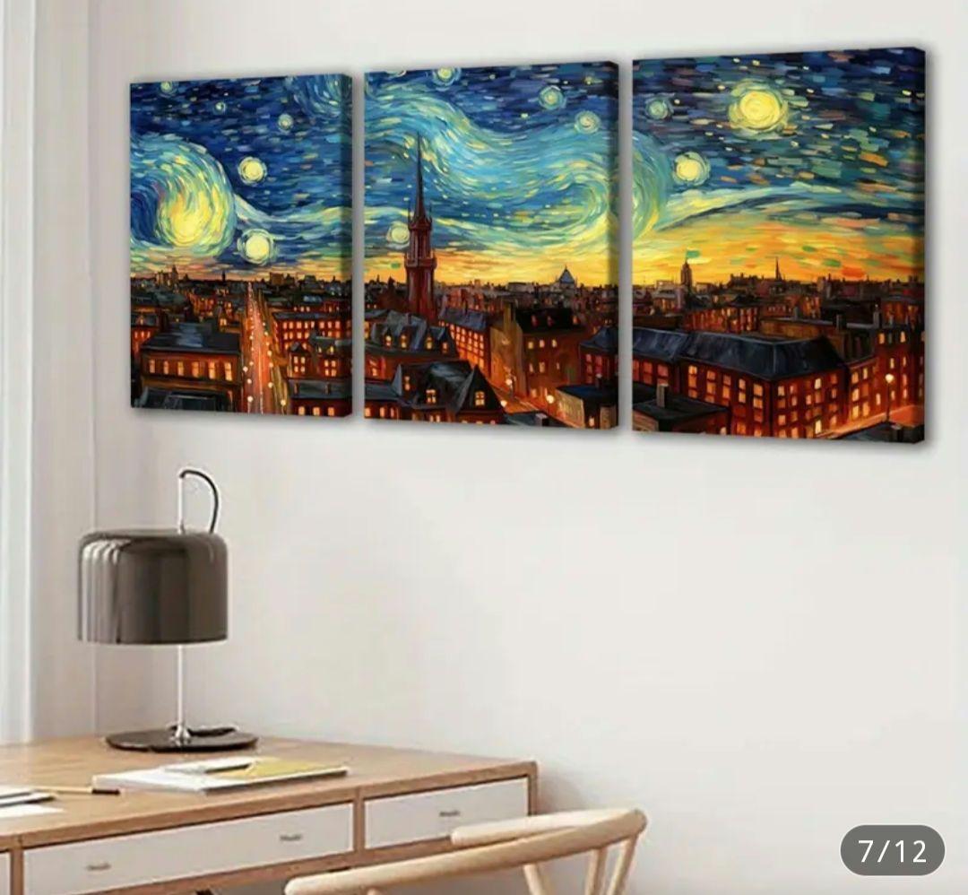 【額入り】ゴッホ 星月夜 デザイン 超軽量 高品質防水加工キャンバスアート 3枚