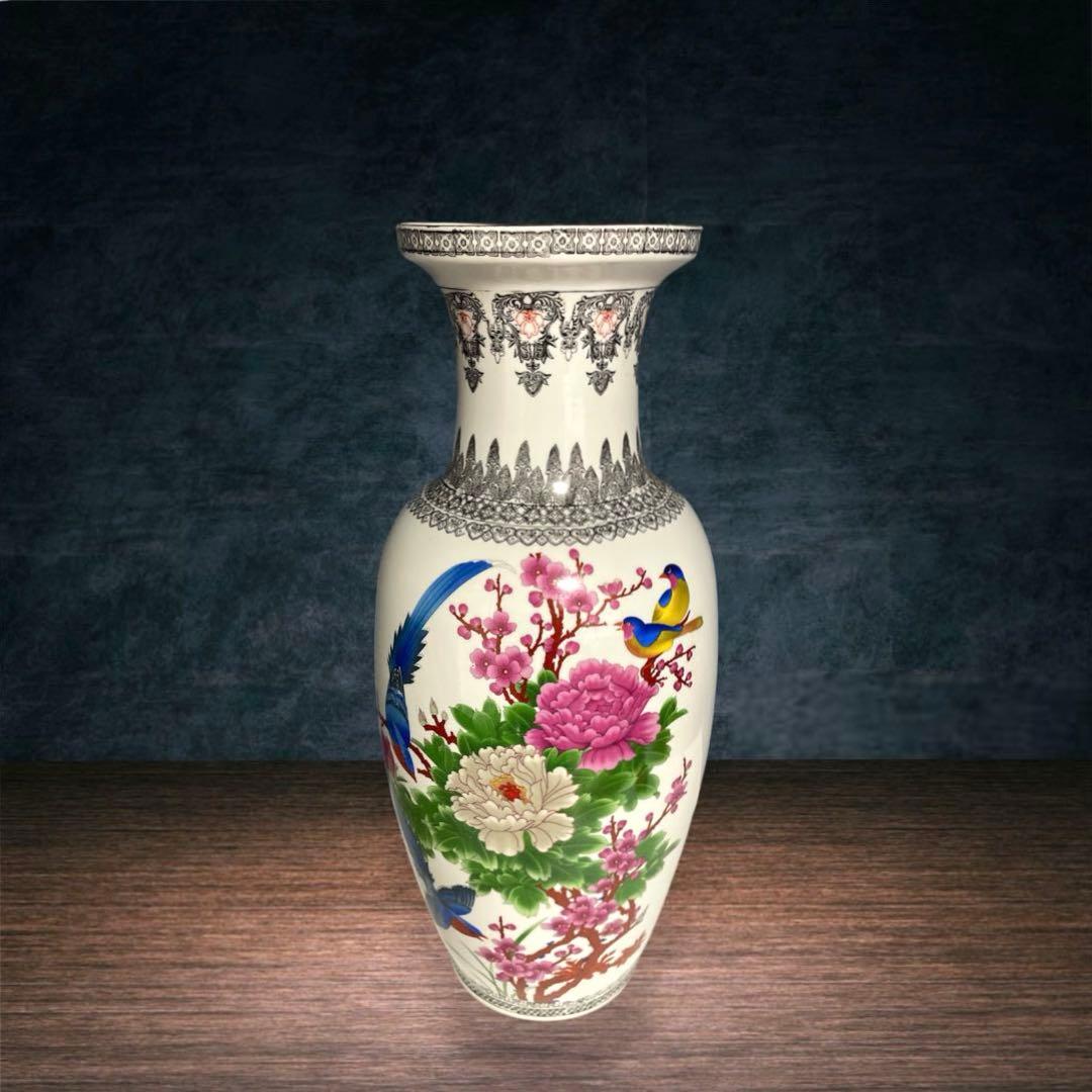 『中国美術』 景徳鎮製 粉彩色絵花鳥図 大花瓶 高さ60.5㎝ 重さ5.4kg