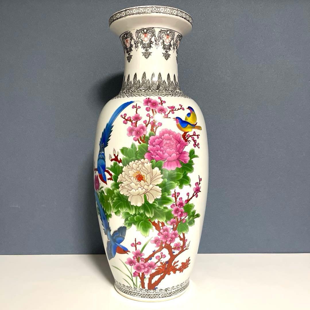 『中国美術』 景徳鎮製 粉彩色絵花鳥図 大花瓶 高さ60.5㎝ 重さ5.4kg