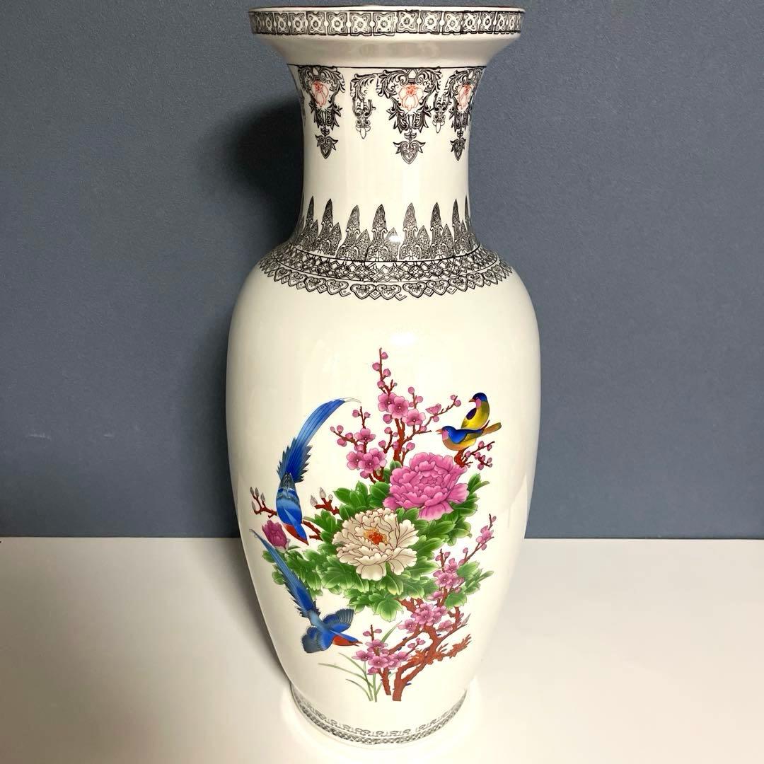 『中国美術』 景徳鎮製 粉彩色絵花鳥図 大花瓶 高さ60.5㎝ 重さ5.4kg