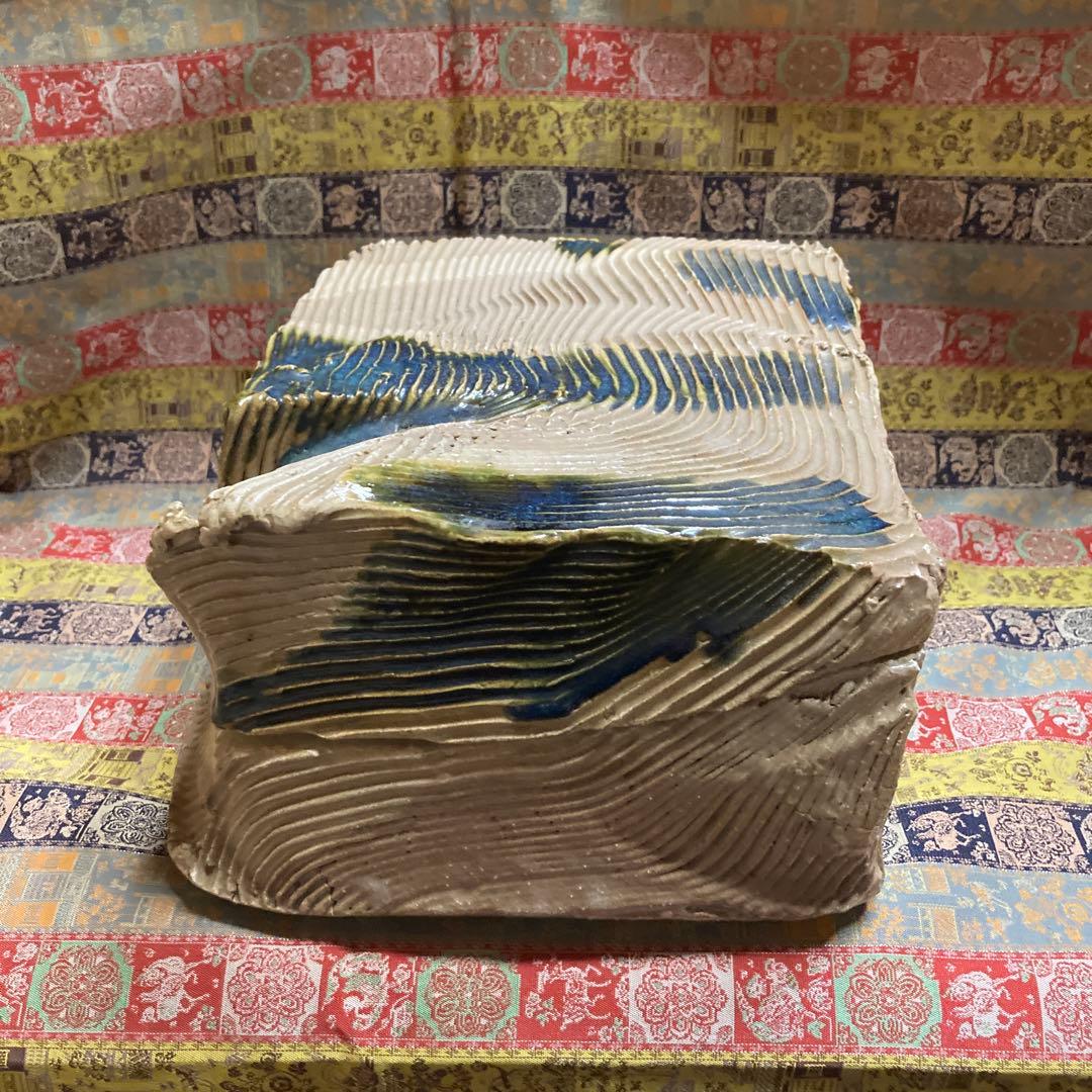 織部　陶箱　作家不詳　21×18×￼高18cm 4.4Kg