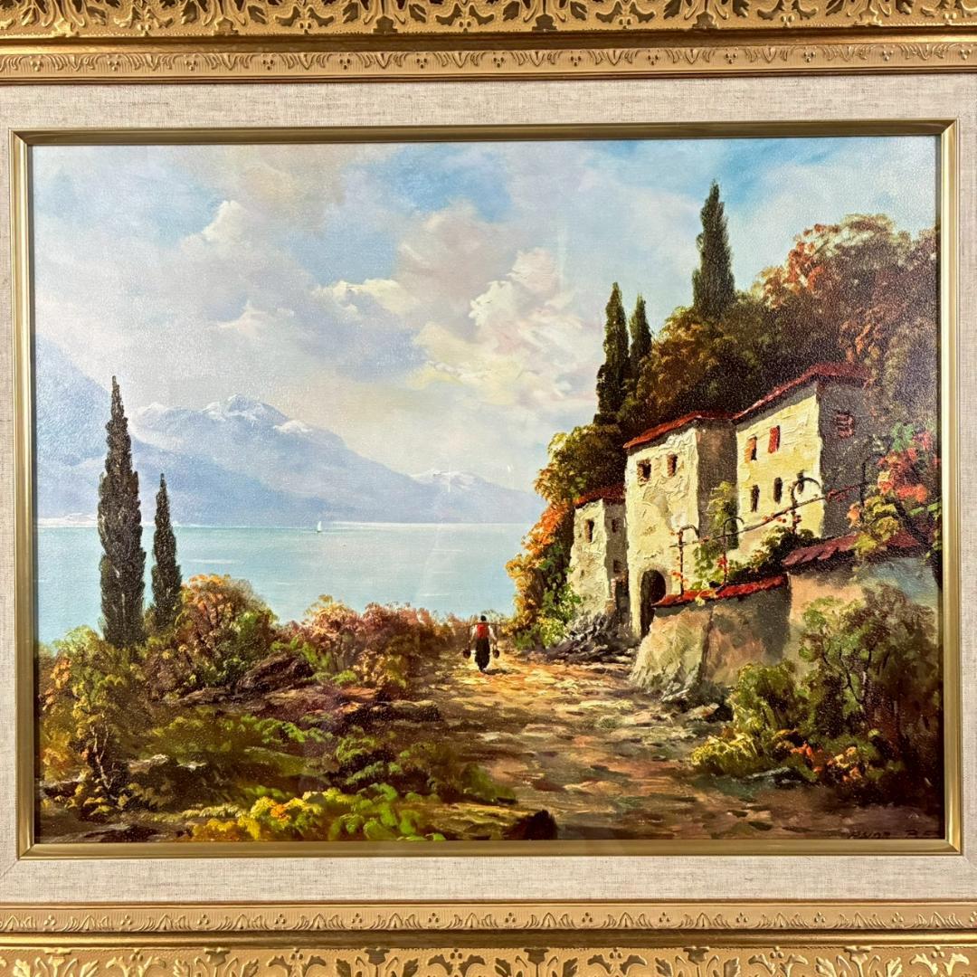 美品 アンドレ・ベッツ「コモ湖畔」複製画 豪華額装 名画 イタリア 風景画