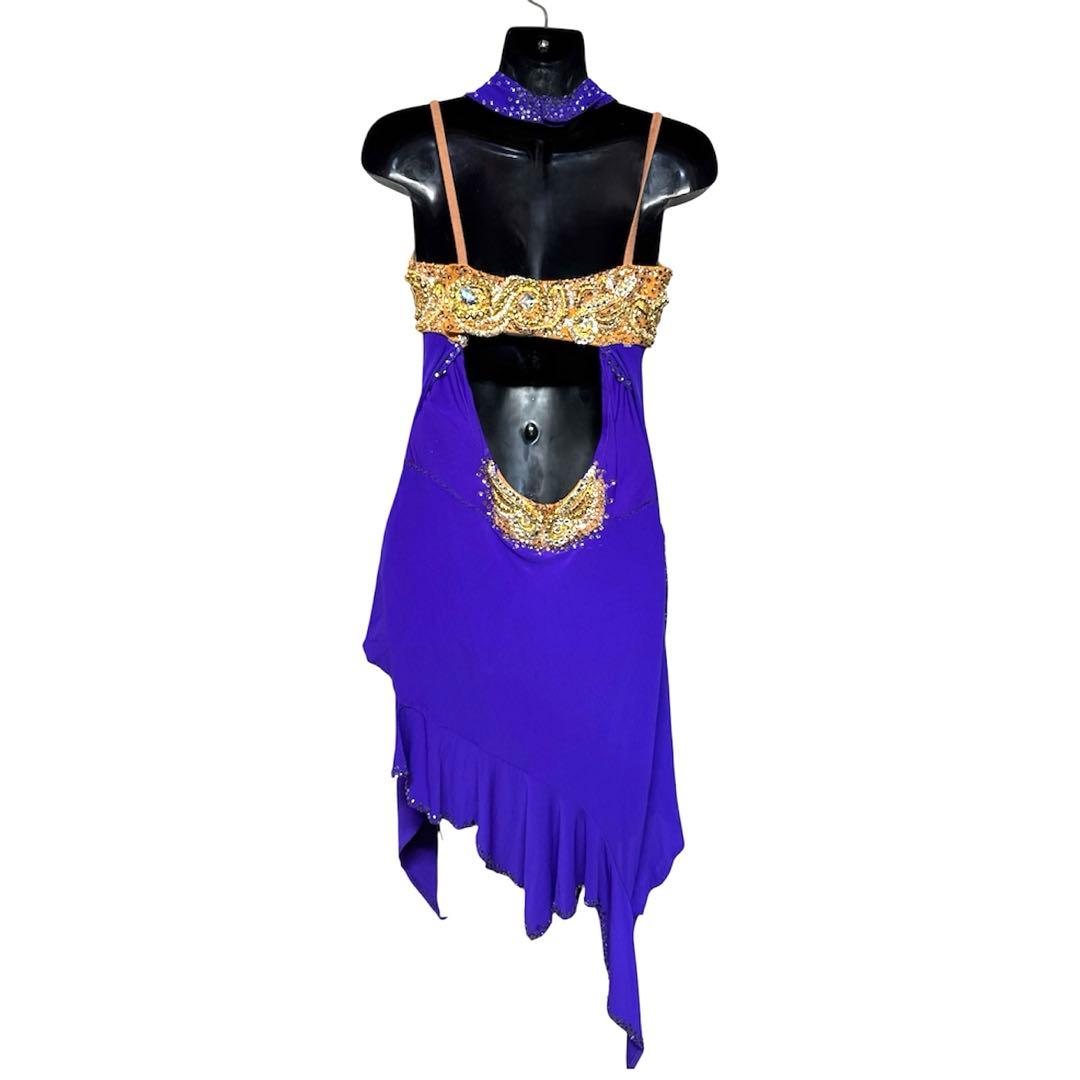 6460★S M紫 金 スワロミックス ラテンドレス 社交ダンス