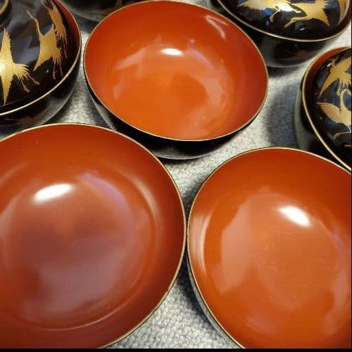 3月末★漆器　蓋付き椀　7客　お椀　金縁　金彩色　お祝い椀　結納　お食い初め